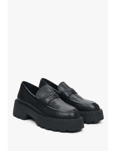 Women's Black Leather Chunky Platform Loafers Estro ER00111841