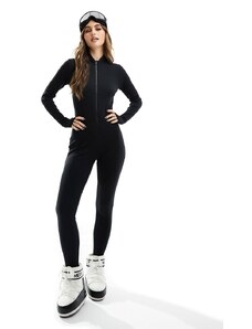 Threadbare - Ski - Tuta jumpsuit base layer nera a coste con zip-Nero
