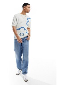 ASOS DESIGN - T-shirt girocollo in maglia color pietra a fiori blu-Bianco