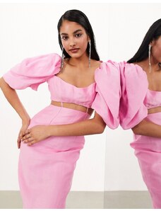 ASOS Edition - Vestito con gonna al polpaccio rosa slavato con maniche a palloncino e cut-out in vita