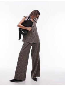 Topshop - Pantaloni con fondo ampio in lino a pieghe marroni a righe in coordinato-Marrone
