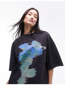 Topshop - T-shirt oversize antracite con grafica d'arte astratta-Grigio