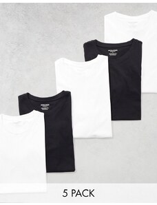 Jack & Jones - Confezione da 5 T-shirt taglio lungo con orlo arrotondato nera e bianca-Nero