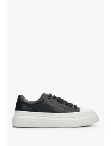 Women's Black Leather Low-Top Sneakers with Thick Rubber Sole Estro ER00112975