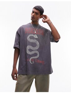 Topman - T-shirt super oversize nero slavato con stampa "Nirvana" con serpente