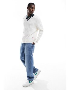 Tommy Jeans - Maglione a trecce vestibilità classica bianco con scollo a V