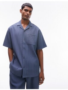 Topman - Camicia plissé a maniche corte blu medio in coordinato