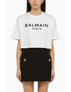 Balmain T-shirt cropped bianca in cotone con logo