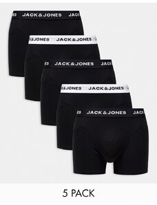 Jack & Jones - Confezione da 5 paia di boxer aderenti neri con elastico in vita bianco e nero