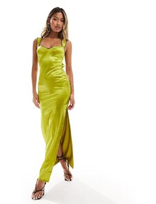 ASOS DESIGN - Vestito midi con spalline sottili e scollo a cuore verde oliva con bordi a contrasto