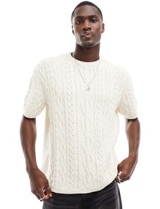 ASOS DESIGN - T-shirt comoda in maglia a trecce fiammata color écru-Neutro