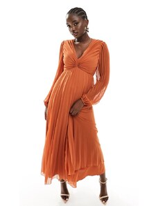 ASOS DESIGN - Vestito midi color ruggine a pieghe con scollo profondo-Arancione