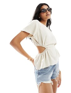 ASOS DESIGN - T-shirt effetto lino tonalità naturale con apertura sul retro-Bianco