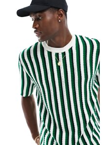 ASOS DESIGN - T-shirt comoda in maglia verde testurizzata a righe-Bianco
