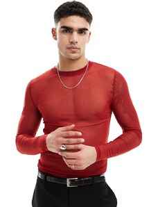 ASOS DESIGN - T-shirt a maniche lunghe attillata rossa in rete-Rosso