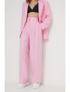 HUGO pantaloni in lino misto colore rosa