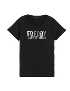 Freddy T-shirt donna in cotone pima con grafica oro e paillettes