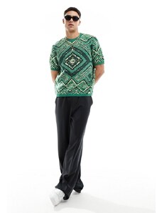 ASOS DESIGN - T-shirt in maglia verde con stampa azteca vestibilità comoda