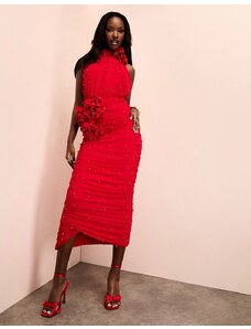 ASOS LUXE - Vestito midi rosso allacciato al collo con perle e decorazione floreale