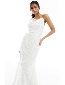 Vila - Vestito lungo da sposa bianco testurizzato con scollo ad anello e schiena scoperta con spalline sottili