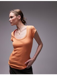 Topshop - Maglietta arancione a coste con scollo rotondo e maniche ad aletta
