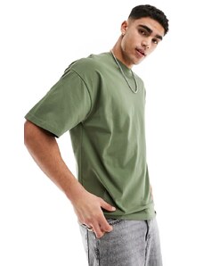 Selected Homme - T-shirt oversize in tessuto pesante kaki-Verde
