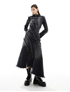COLLUSION - Vestito lungo nero slavato con cuciture a vista e zip-Blu
