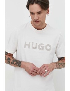 HUGO t-shirt in cotone uomo colore beige con applicazione