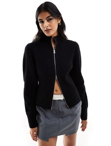 & Other Stories - Cardigan nero in misto cotone e lana merino con zip sul davanti e maniche strutturate