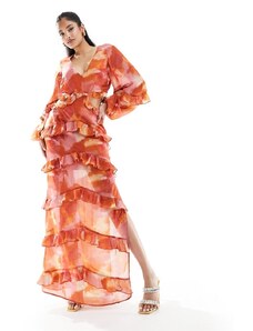 Pretty Lavish - Vestito lungo con cut-out, volant e stampa astratta effetto acquerello-Multicolore