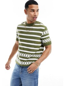 ASOS DESIGN - T-shirt girocollo comoda in maglia kaki con motivo a righe sui bordi-Verde