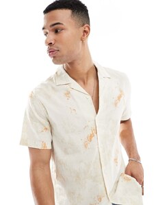 Farah - Camicia a maniche corte in lino tie-dye color crema-Bianco