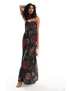 ASOS DESIGN - Vestito lungo in raso nero con stampa di rose, gonna ampia e spalline con fibbie-Multicolore
