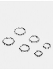 ASOS DESIGN - Confezione da 3 paia di orecchini a cerchio da 9 mm, 12mm e 14mm in acciaio inossidabile argentato resistente all'acqua-Argento
