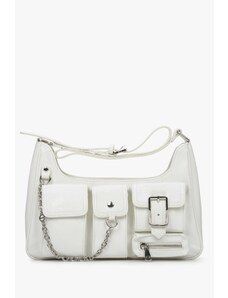 Women's White Shoulder Bag with Pockets made of Genuine Leather Estro ER00114407