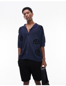 Topman - Camicia in maglia blu navy con colletto a rever e ricami floreali