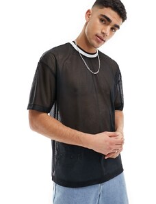 ASOS DESIGN - T-shirt oversize in rete sportiva nera con profili a contrasto-Nero