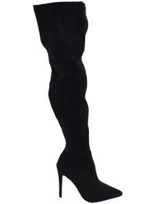 LS LUISANTIAGO Stivali donna nero a punta in camoscio sopra il ginocchio con mezza zip elastico aderente tacco a spillo 12 basic sexy