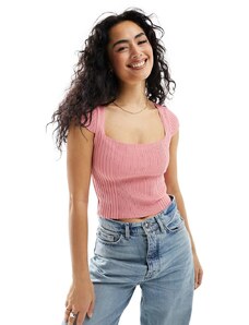 ASOS DESIGN - Top in maglia rosa con scollo squadrato e maniche ad aletta