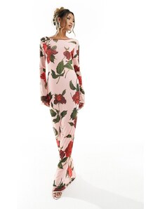 ASOS DESIGN - Vestito lungo in rete rosa con stampa di rose, schiena scoperta e maniche a pipistrello-Multicolore