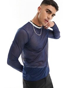 ASOS DESIGN - T-shirt a maniche lunghe in rete sportiva blu navy con profili a contrasto