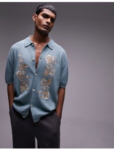Topman - Camicia in maglia blu ricamata a fiori vestibilità comoda