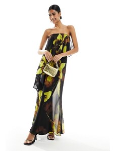 ASOS DESIGN - Vestito lungo a fascia con doppio strato taglio sbieco a fiori grandi-Multicolore