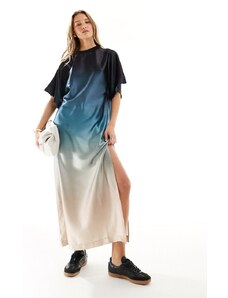 ASOS DESIGN - Vestito T-shirt midi oversize in raso blu sfumato-Multicolore