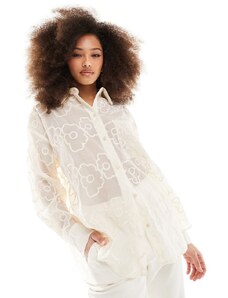 Y.A.S - Camicia oversize color crema ricamata con dettagli floreali-Bianco