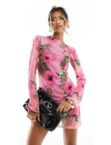 ASOS DESIGN - Vestito corto con maniche a pipistrello e scollo ampio sul retro con stampa leopardata e floreale-Multicolore