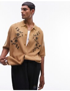 Topman - Camicia stile western in maglia color cuoio ricamata vestibilità comoda-Marrone