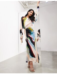 ASOS Edition - Vestito lungo a maniche lunghe arricciato con stampa a macchie effetto acquerello-Multicolore