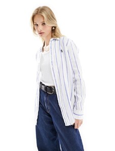 Polo Ralph Lauren - Camicia in lino bianca e blu a righe con logo-Bianco