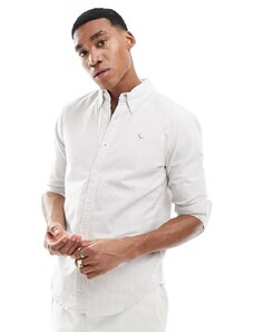 Abercrombie & Fitch - Icon - Camicia comoda in lino a righe color cuoio con logo-Marrone